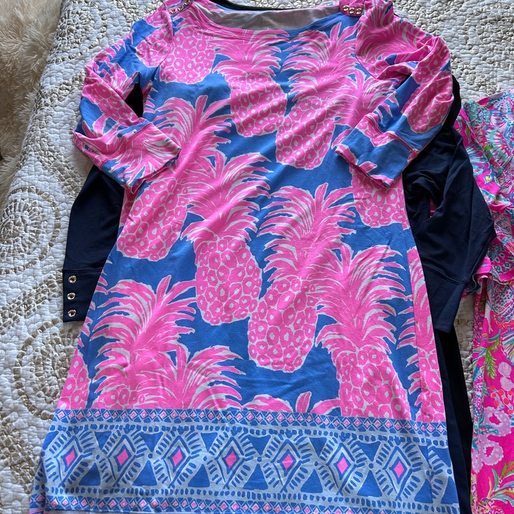 Lilly Pulitzer Pink Pineapple Print Blue Shift Dress